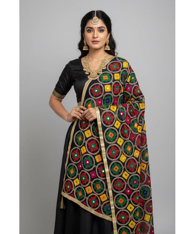 Navy blue dupatta with phulkari work by Kurti Connection USA