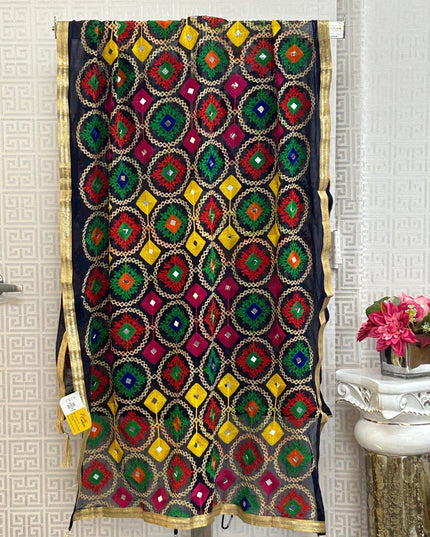 Navy blue dupatta with phulkari work by Kurti Connection USA