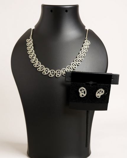 Lightweight silver look necklace set : AD STONE by Kurti Connection USA