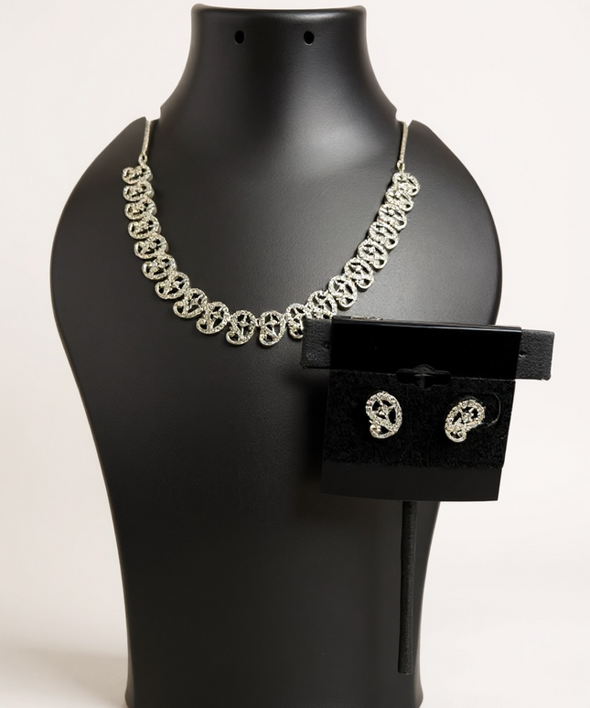 Lightweight silver look necklace set : AD STONE by Kurti Connection USA