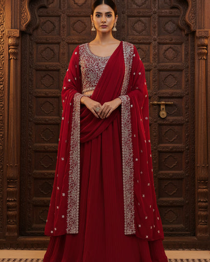 Dark pink lehenga Choli set with jacket and pre stitched dupatta by Kurti Connection USA
