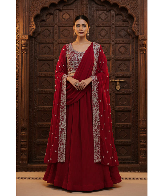 Dark pink lehenga Choli set with jacket and pre stitched dupatta by Kurti Connection USA