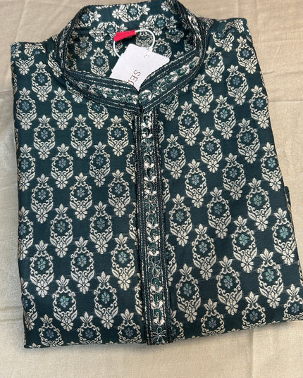Dark green brocade kurta pajama by Kurti Connection USA