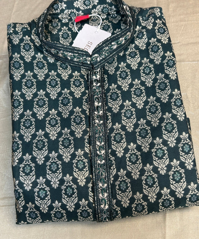 Dark green brocade kurta pajama by Kurti Connection USA