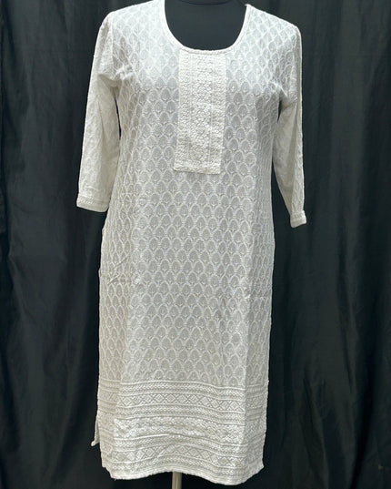 White chikankari kurti with light sequin work by Kurti Connection USA