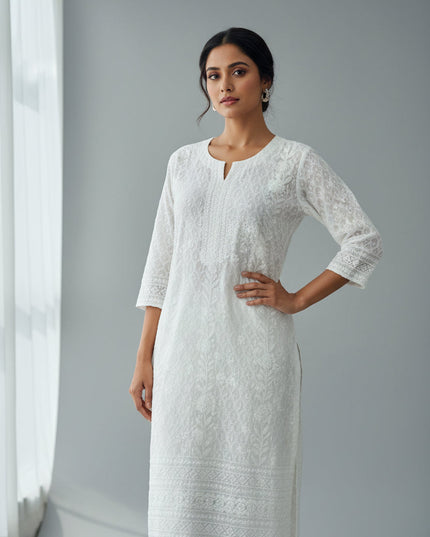 White chikankari kurti with light sequin work by Kurti Connection USA