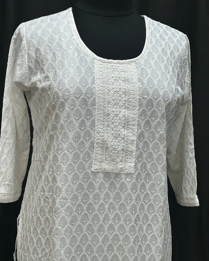 White chikankari kurti with light sequin work by Kurti Connection USA