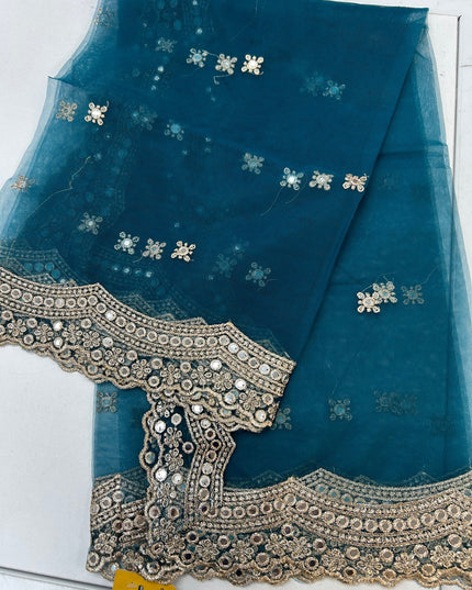 Teal blue mirror work duppata
