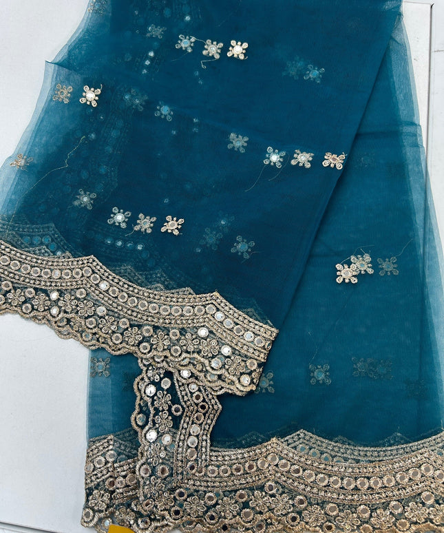 Teal blue mirror work duppata