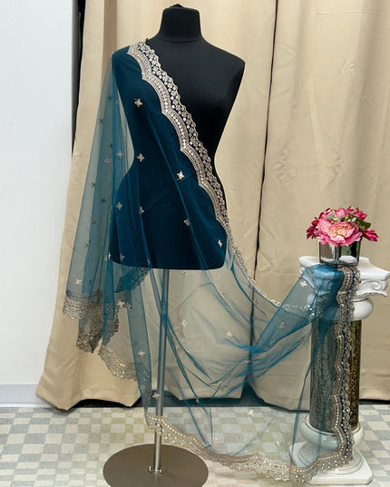 Teal blue mirror work duppata