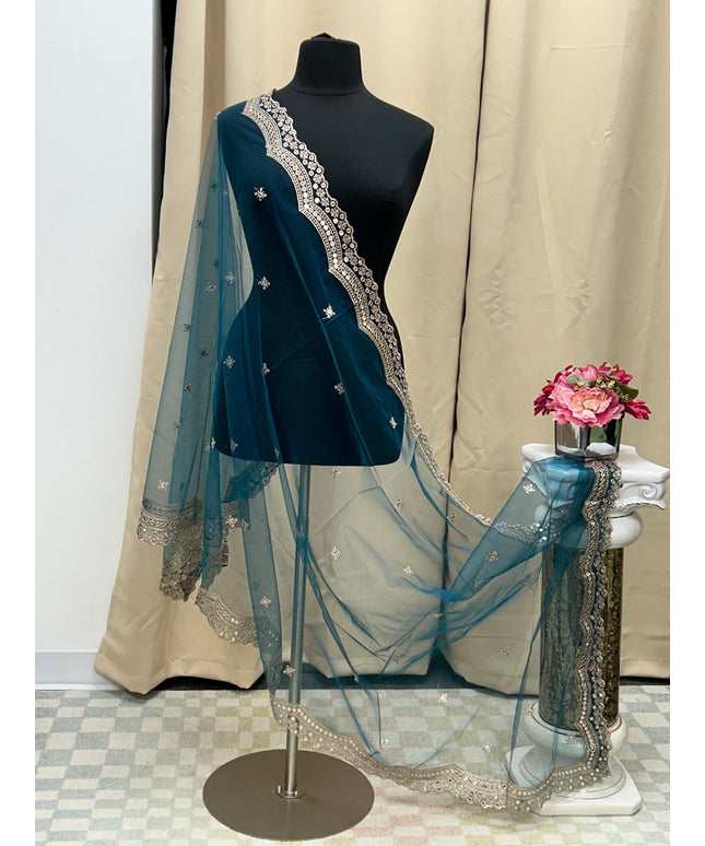 Teal blue mirror work duppata