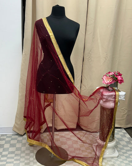 Maroon net duppata heavy lace