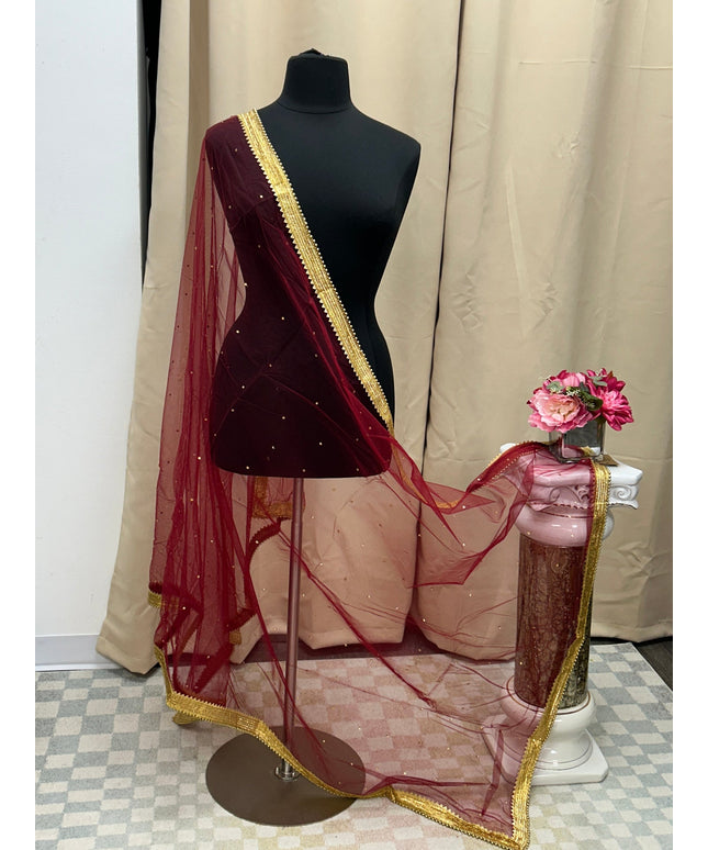 Maroon net duppata heavy lace