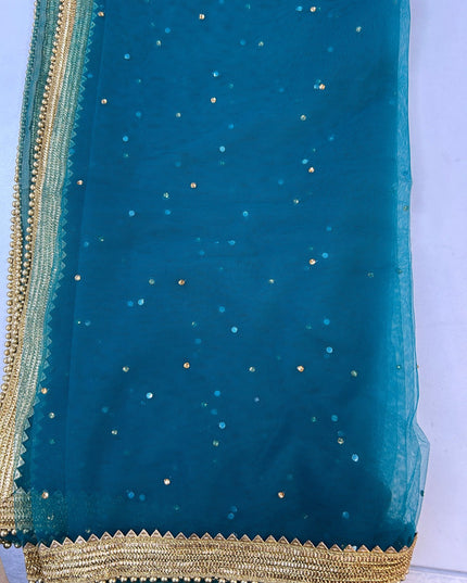 Teal blue net duppata heavy lace