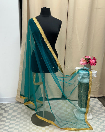 Teal blue net duppata heavy lace