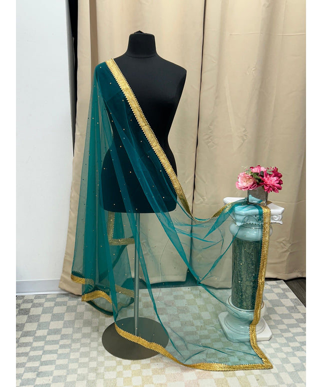 Teal blue net duppata heavy lace