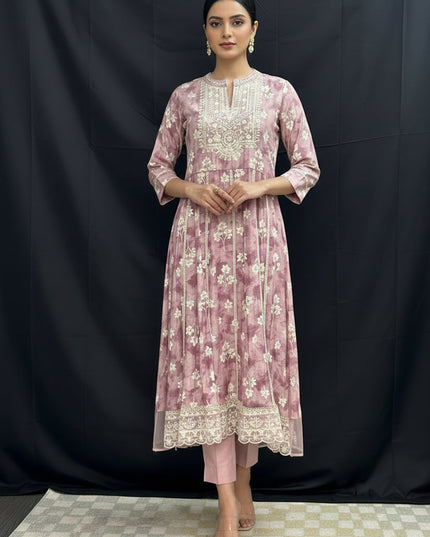 Linen silk kurti set : Anarkali Kurti pant set