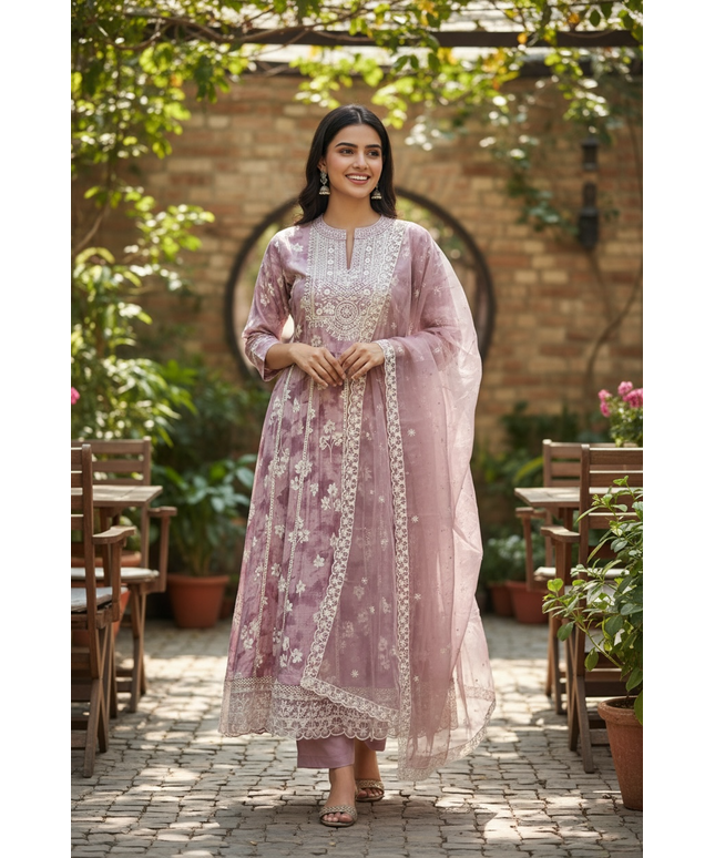 Linen silk kurti set : Anarkali Kurti pant set