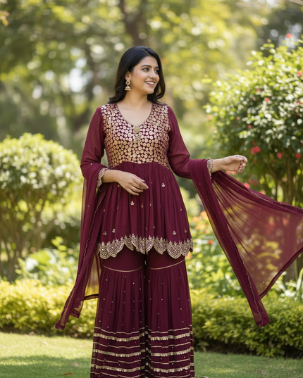 Maroon chiffon sharara suit