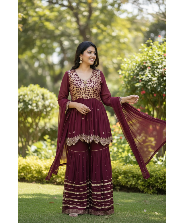 Maroon chiffon sharara suit