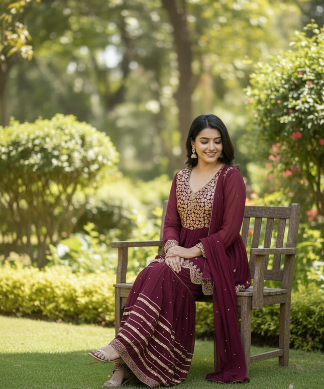 Maroon chiffon sharara suit