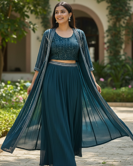 Dark blue lehenga set with long jacket