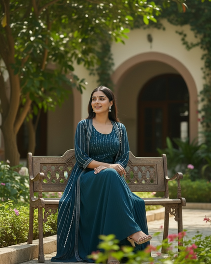 Dark blue lehenga set with long jacket