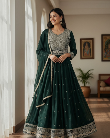 Chinon silk long gown : green
