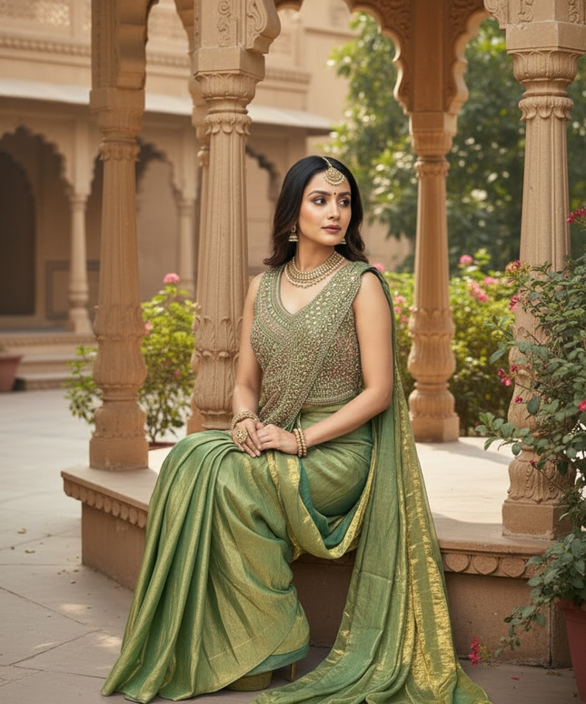 Readymade saree : pre pleated tissue silk saree
