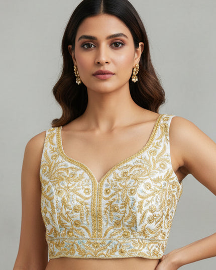 White blouse with gold embroidery - Kurti Connection USA