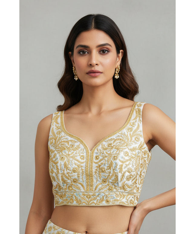 White blouse with gold embroidery - Kurti Connection USA