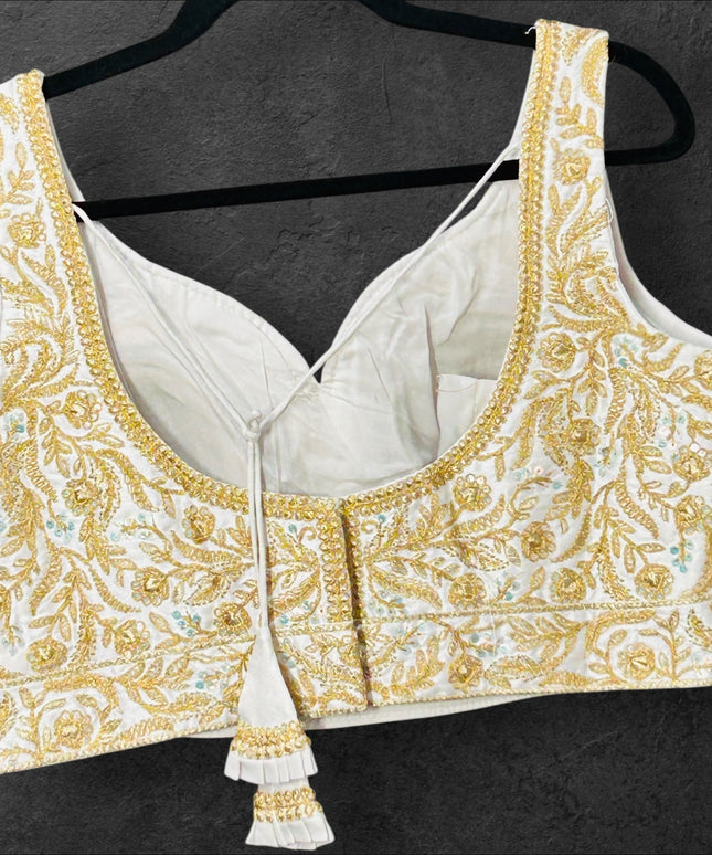 White blouse with gold embroidery - Kurti Connection USA