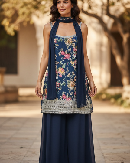 Sleeveless Kurti Plazzo set with necklace dupatta: sharara suit
