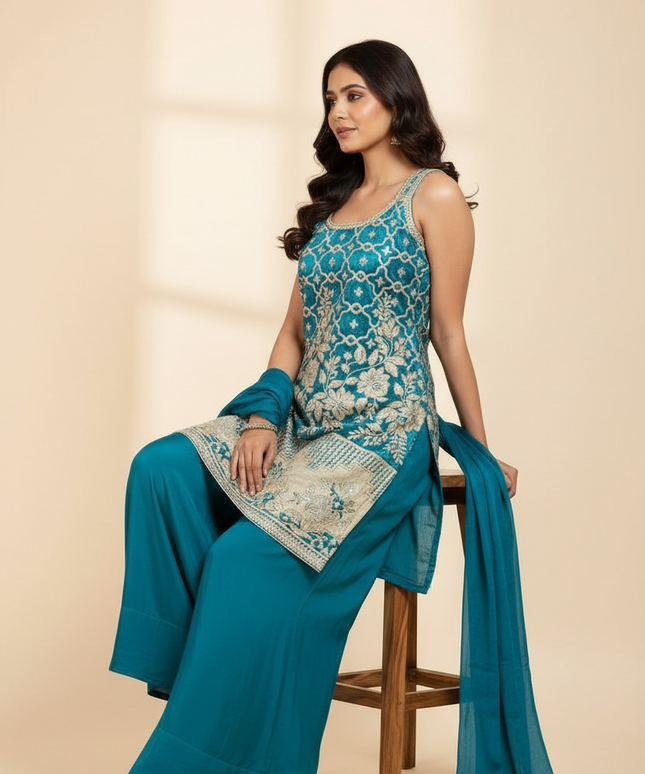 Banarasi sharara suit with necklace dupatta