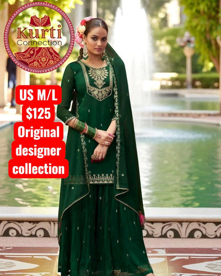 Manjari: Green sharara set by Kurti Connection USA