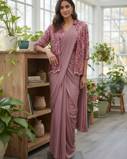 Ready to wear saree with overcoat by Kurti Connection USA