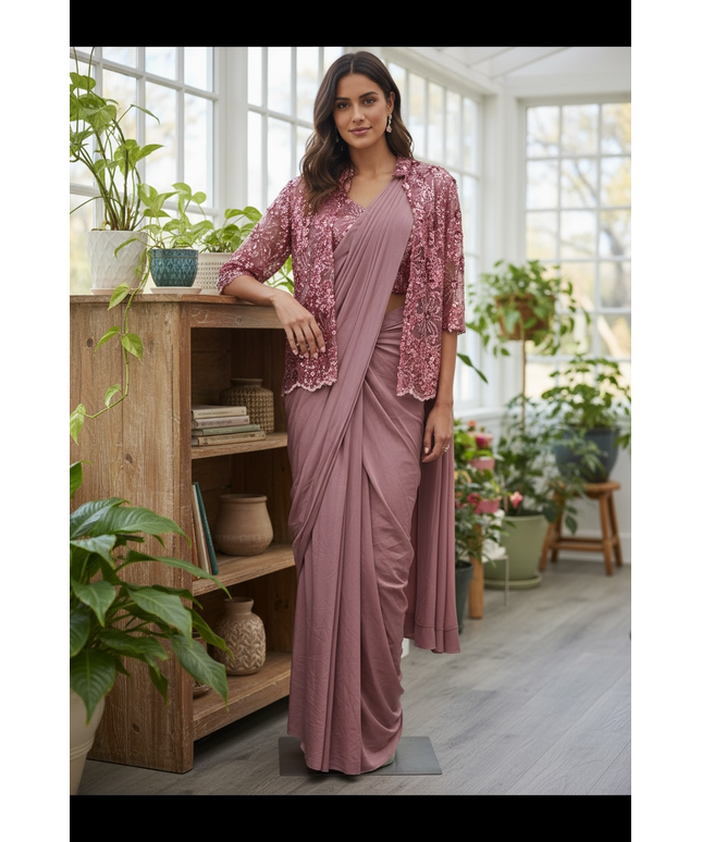 Ready to wear saree with overcoat by Kurti Connection USA