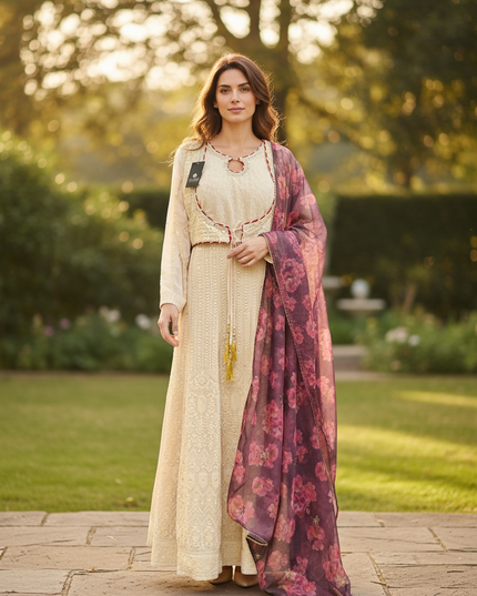 Chikankari long gown by Kurti Connection USA