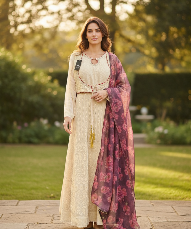 Chikankari long gown by Kurti Connection USA