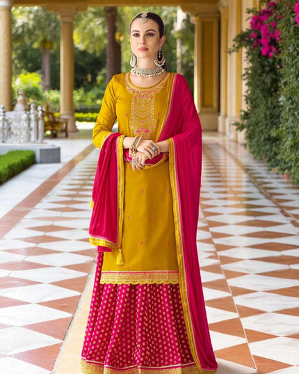 Yellow : Modal silk Kurti with banarasi skirt by Kurti Connection USA