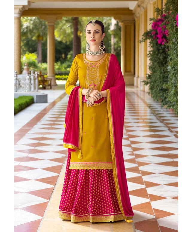 Yellow : Modal silk Kurti with banarasi skirt by Kurti Connection USA