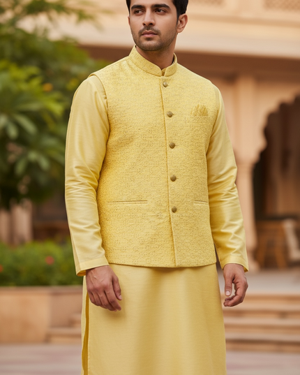 Silk kurta pajama with jacket by Kurti Connection USA