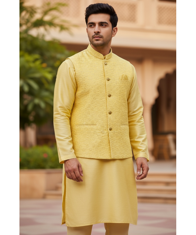 Silk kurta pajama with jacket by Kurti Connection USA
