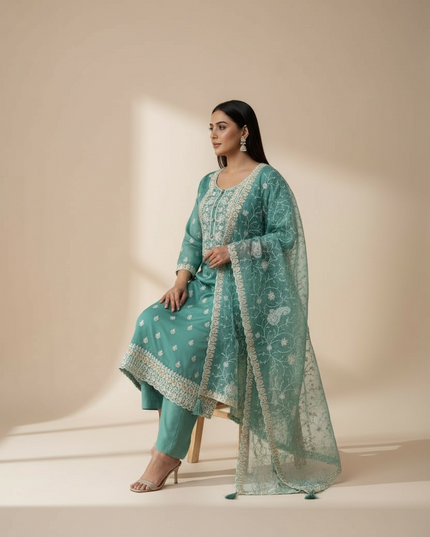 Embroidered silk salwar suit by Kurti Connection USA