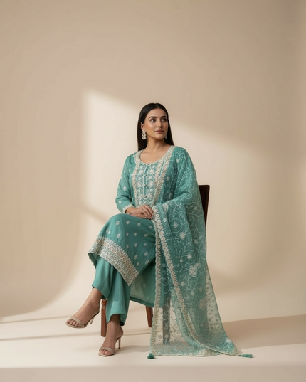 Embroidered silk salwar suit by Kurti Connection USA