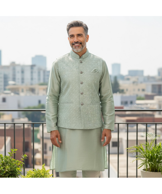 Light grey silk kurta set with jacket - Kurti Connection USA