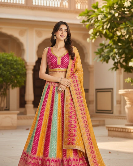 House Of Indian Wedding Attire pink and yellow Banarasi lehenga choli set with intricate woven fabric and striped pattern.