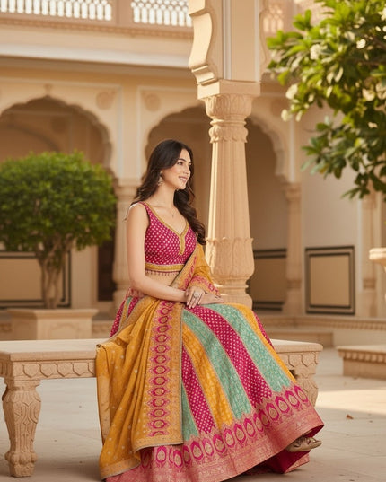 House Of Indian Wedding Attire Banarasi lehenga choli set in yellow, pink, and teal with intricate woven patterns. Sleeveless blouse.