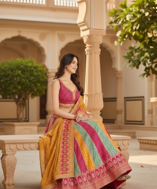 House Of Indian Wedding Attire Banarasi lehenga choli set in yellow, pink, and teal with intricate woven patterns. Sleeveless blouse.