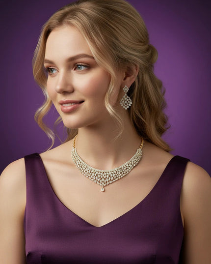 House Of Indian Wedding Attire gold-toned choker necklace and drop earrings set with clear cubic zirconia stones.